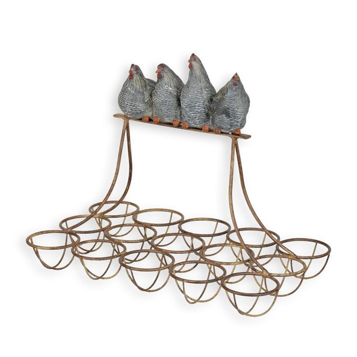 AN IRON EGG RACK MOUNTED WITH RESIN HENS