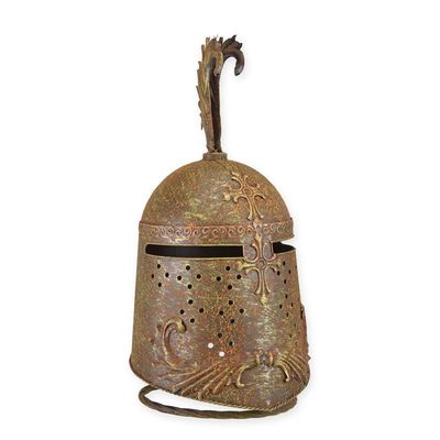 AN IRON GREAT HELM ON STAND