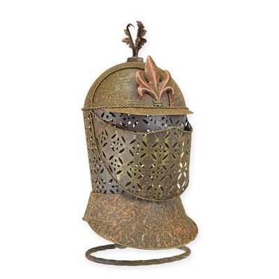 AN IRON GREAT HELM ON STAND