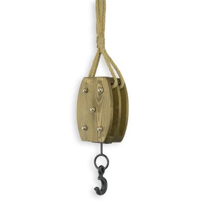 AN IRON MOUNTED WOODEN ROPE PULLEY
