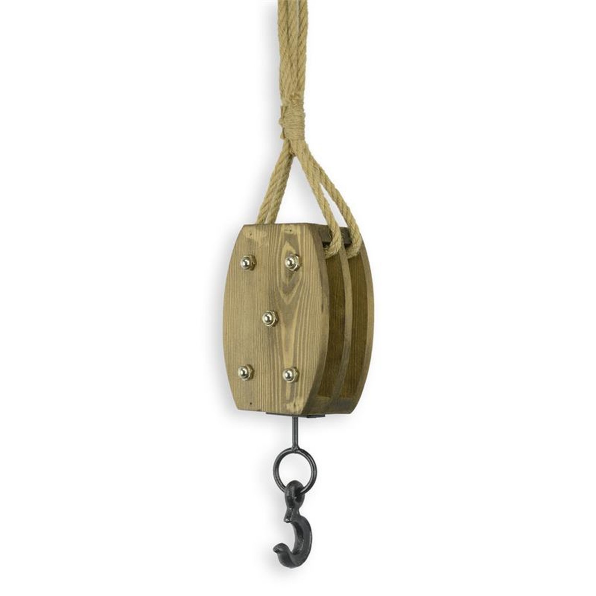 AN IRON MOUNTED WOODEN ROPE PULLEY