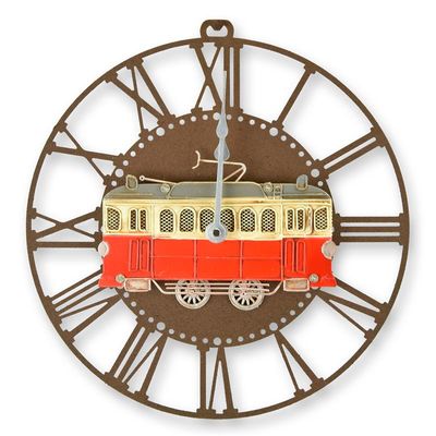 AN IRON WALL CLOCK WITH TRAM