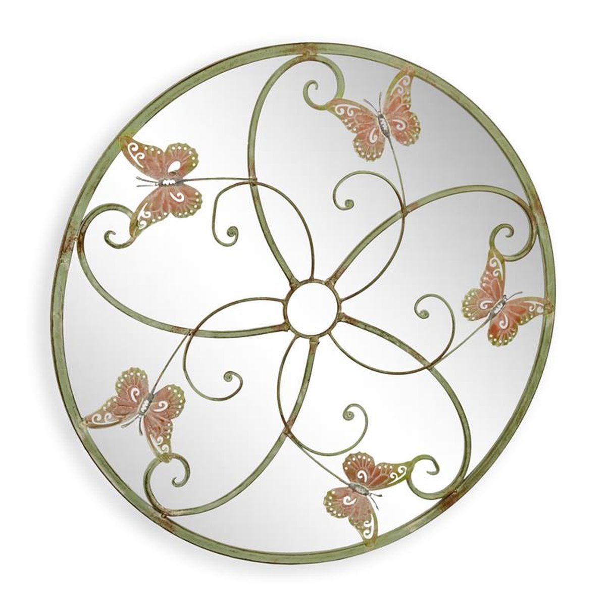 AN IRON WALL MIRROR MOUNTED WITH BUTTERFLIES