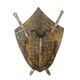 AN IRON WALL MOUNT SHIELD WITH ARMOUR AND SWORDS