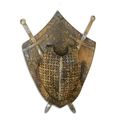 AN IRON WALL MOUNT SHIELD WITH ARMOUR AND SWORDS