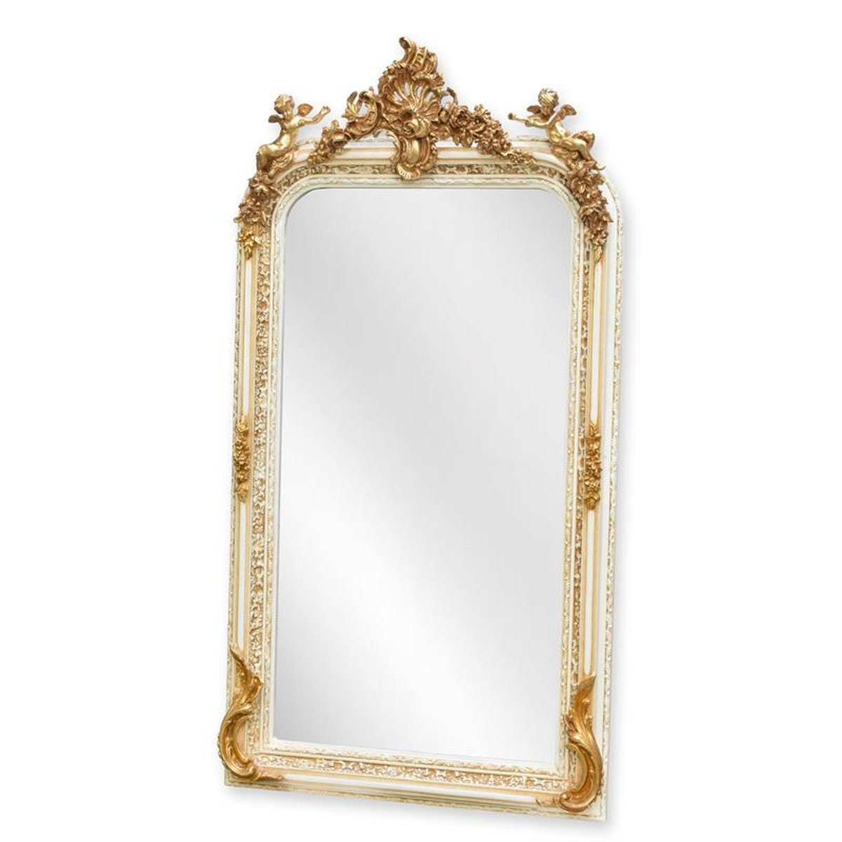 AN ORNATE GOLD AND WHITE OVERMANTLE MIRROR