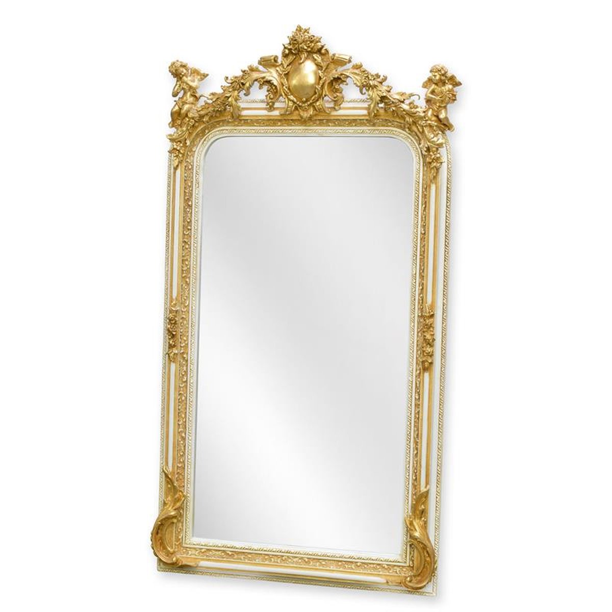 AN ORNATE GOLD AND WHITE OVERMANTLE MIRROR