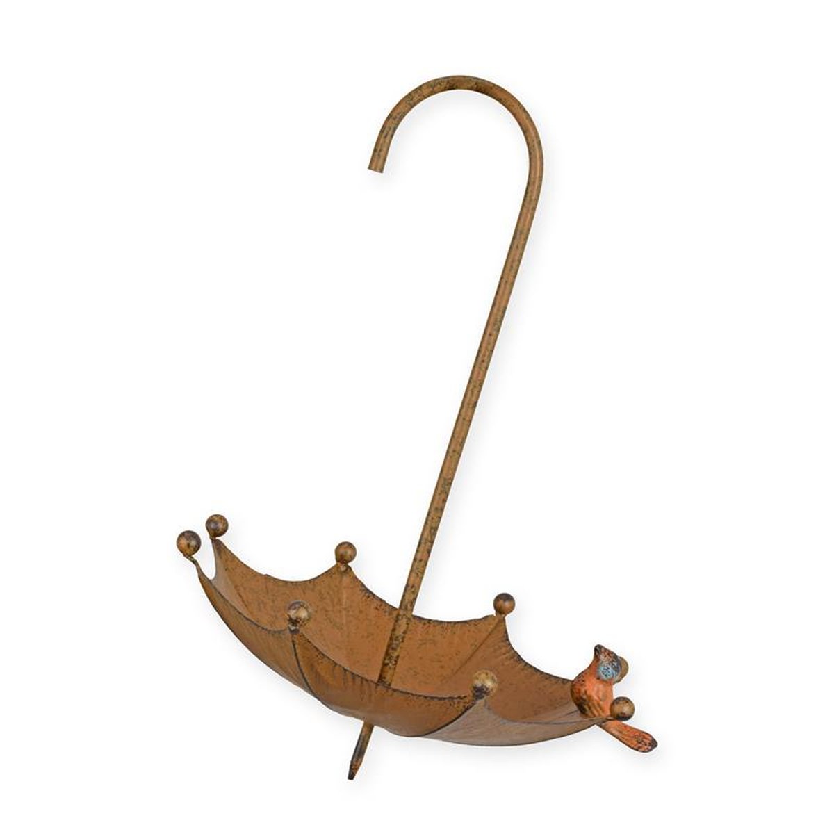 AN UMBRELLA SHAPED IRON BIRD FEEDER