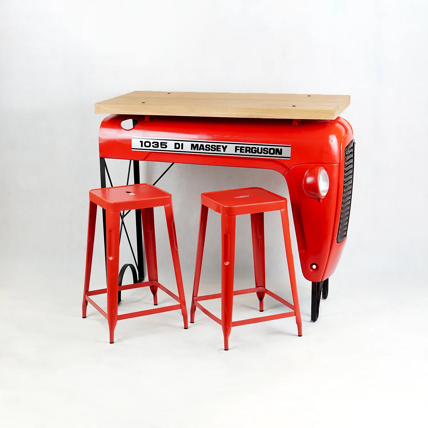 Set Iron - Wooden Tractor Bar Table + 2 Stools